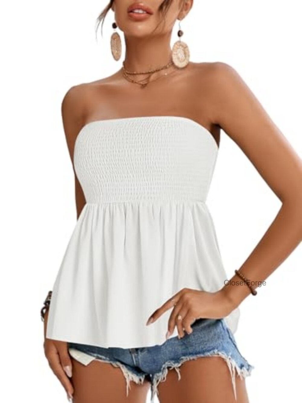 Smocked Peplum Tube Top Sleeveless Ruffle Hem Cami